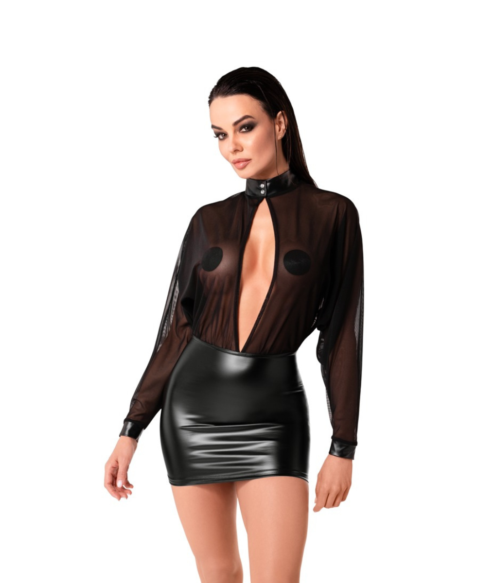 Mini-robe noire en tulle transparent et powerwetlook