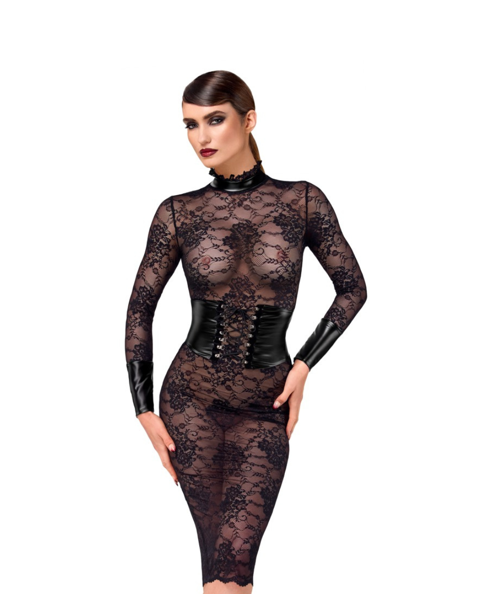 Robe midi noire en dentelle avec corsage lacé