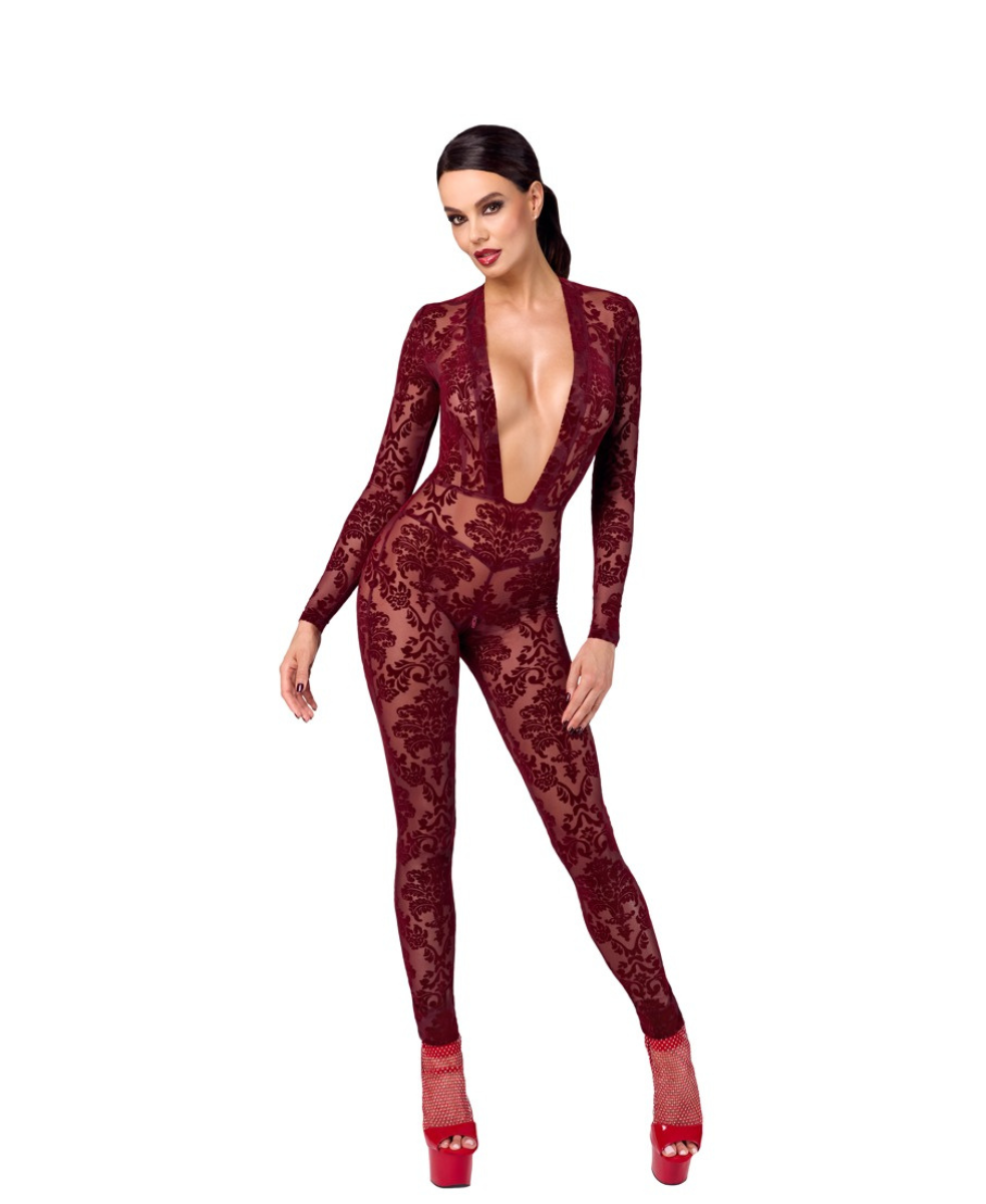 Combinaison bordeaux transparente avec ornements veloutés