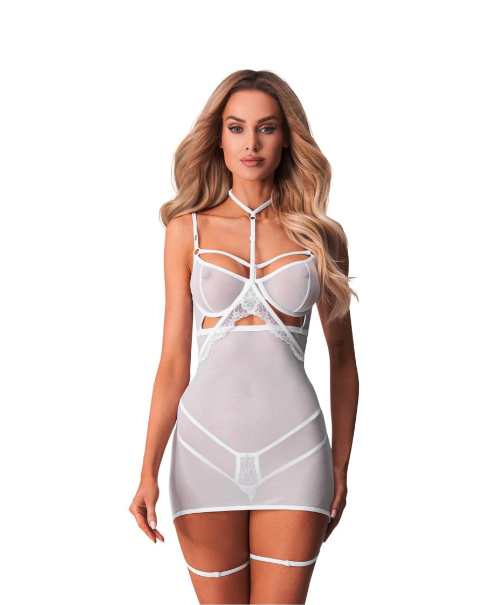 Négligé blanc transparent avec dentelle et collier